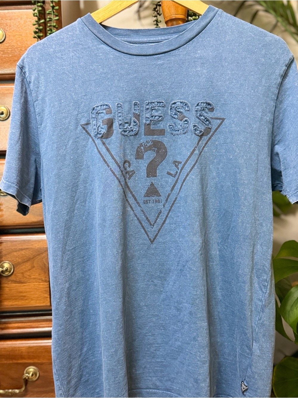 Guess Men's Washed Effect Blue Embroidered Logo Tee- M - Picture 2 of 7